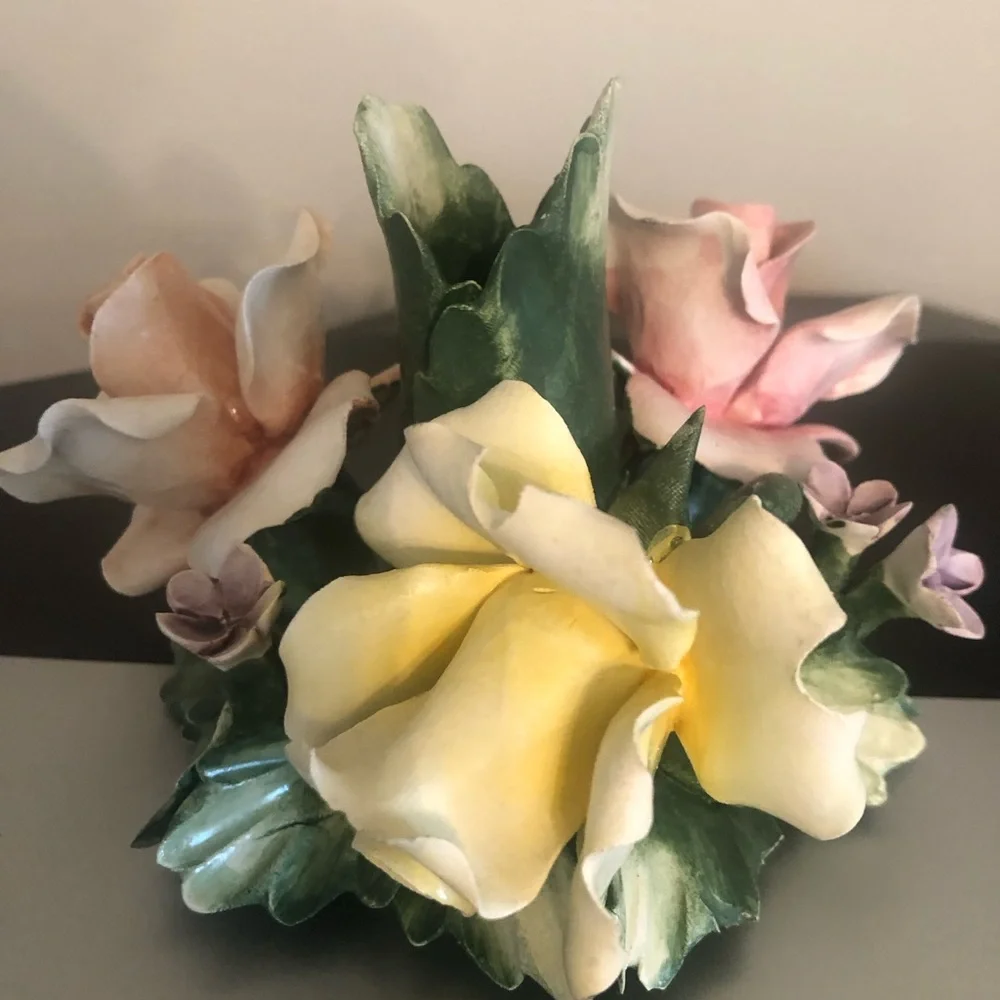Vintage Capodimonte Yellow Rose Floral Accent with Green Leaves Candleholder